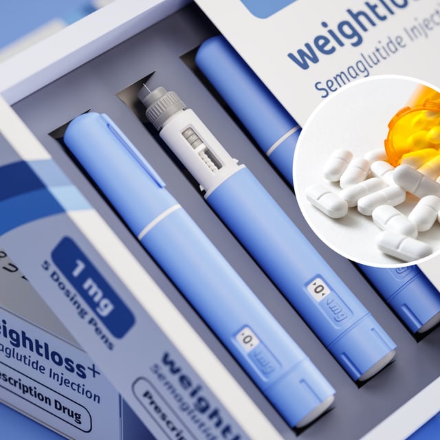 Photo shows a pack of semaglutide injections with an inset of a pill bottle. Research suggests that Ozempic and similar medications might help treat those with substance addictions.