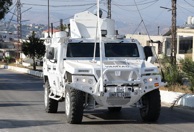 A UN peacekeepers (UNIFIL) vehicle drives in Marjayoun, near the border with Israel, amid ongoing hostilities between Hezbollah and Israeli forces, southern Lebanon October 11, 2024. REUTERS/Karamallah Daher/File Photo
