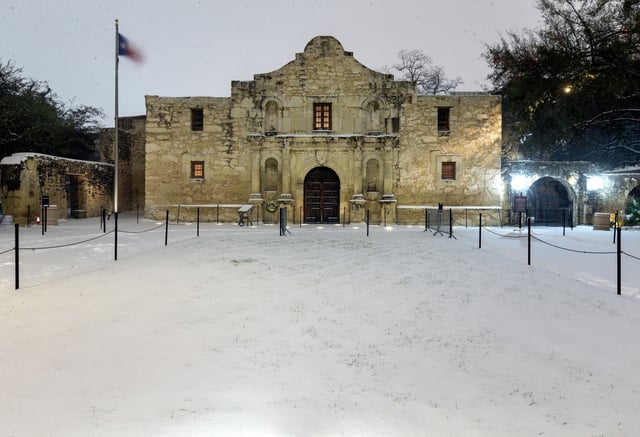 The Alamo is seen the morning of Feb. 15, 2021, under a layer of snow. The historic statewide freeze in February 2021 actually occurred during a La Niña winter.