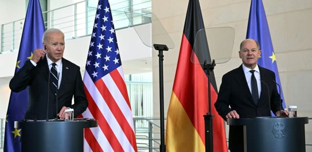 Le président américain Joe Biden et le chancelier allemand Olaf Scholz en conférence de prese à Berlin, le 18 octobre 2024