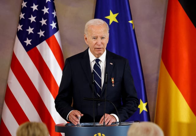 U.S. President Joe Biden speaks during a ceremony to award him Germany's highest honour, the Grand Cross of the Order of Merit for special achievements, by President Frank-Walter Steinmeier (not pictured) at Bellevue Palace in Berlin, Germany, October 18, 2024. REUTERS/Axel Schmidt