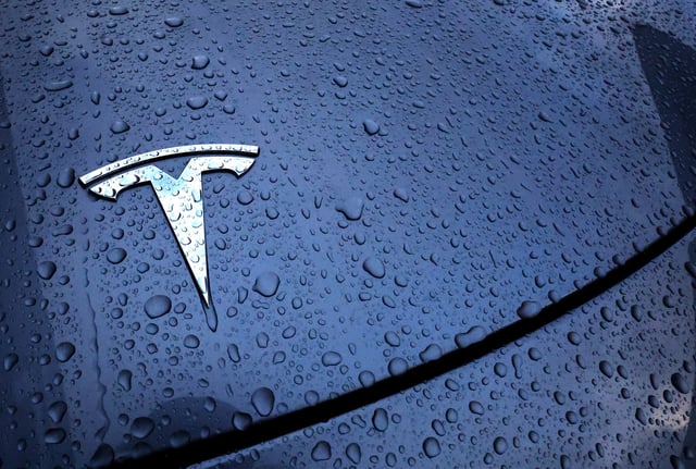 The logo of a Tesla electric vehicle is placed on a car outside a dealership in Drogenbos, Belgium November 25, 2023. REUTERS/Yves Herman/File Photo