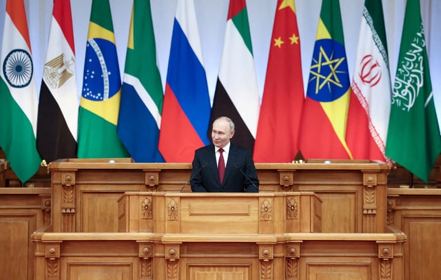 FILE PHOTO: Russian President Vladimir Putin speaks at the BRICS Parliamentary Forum in Saint Petersburg, Russia July 11, 2024.  Valeriy Sharifulin/Host Photo Agency BRICS-RUSSIA2024.RU/Handout via REUTERS    THIS IMAGE HAS BEEN SUPPLIED BY A THIRD PARTY/File Photo/File Photo