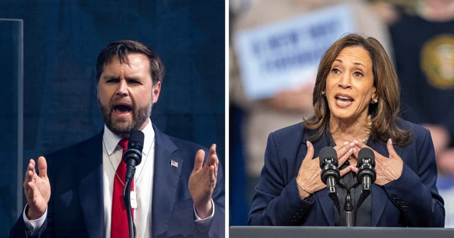(L) Republican vice presidential nominee, U.S. Sen. J.D. Vance (R-OH) speaks during a Philos Project October 7th Memorial Rally at the Washington Monument on October 7, 2024 in Washington, DC. (R) Democratic presidential nominee Vice President Kamala Harris speaks at a campaign rally on October 17, 2024 in La Crosse, Wisconsin. (Andrew Harnik / Getty Images ; Andy Manis / Getty Images)