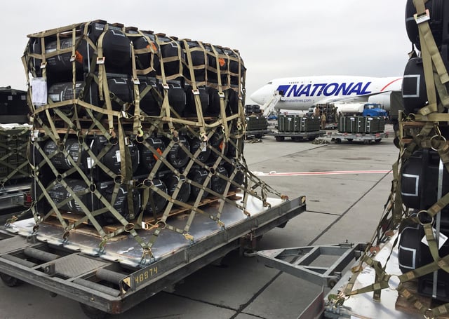 Military aid, delivered as part of the United States of America's security assistance to Ukraine, is unloaded from a plane at the Boryspil International Airport outside Kyiv, Ukraine February 11, 2022. REUTERS/Serhiy Takhmazov/File Photo
