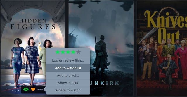 Letterboxd review feature, with options to rate a film, add it to a list, or save it for later.