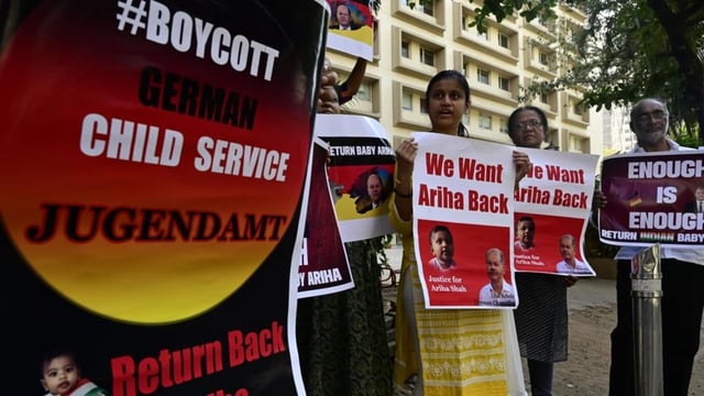 Dhara Shah , mother of Ariha and family members, hold a protest outside Germany consulate in Mumbai to demand her daughter’s return to India.