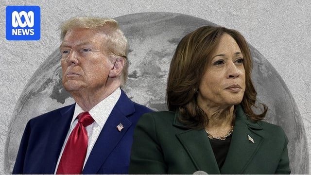 A composite of Donald Trump and Kamala Harris against a backdrop of a globe.