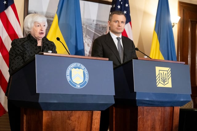 US Treasury Secretary Janet Yellen (left) signed a statement with her Ukrainian counterpart Sergii Marchenko (right) marking their intent to enter into the loan