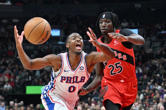 Tyrese Maxey selling a foul call against the Raptors.