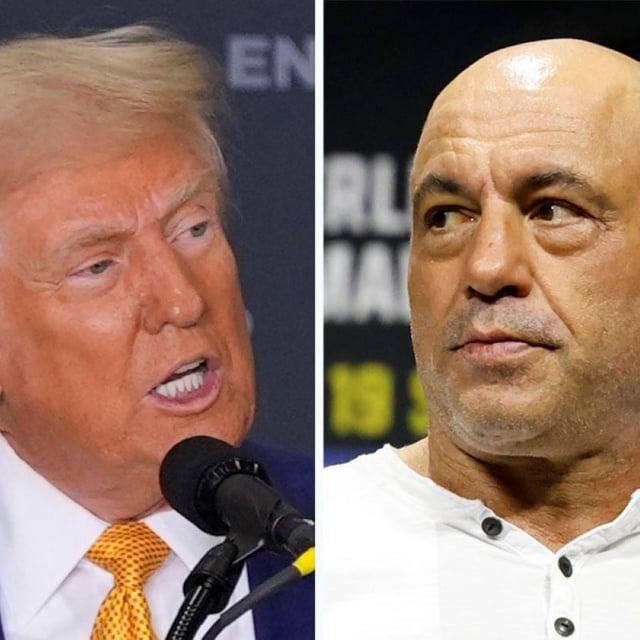 Donald Trump speaking during a news conference, Oct. 25, 2024, in Austin, Texas, left, and Joe Rogan, right, at a UFC event, Aug. 18, 2023, in Boston. The former president appeared on Rogan's podcast on Friday.