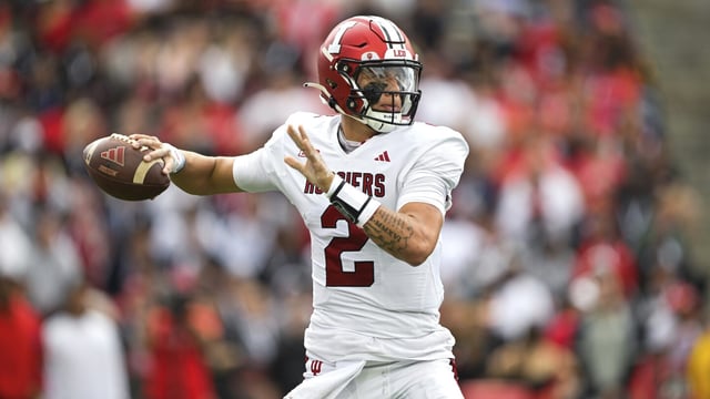 Indiana quarterback Tayven Jackson (2) throws the ball during the first half of an NCAA college football game against Maryland, Saturday, Sept. 30, 2023, in College Park, Md. (AP Photo/Terrance Williams)