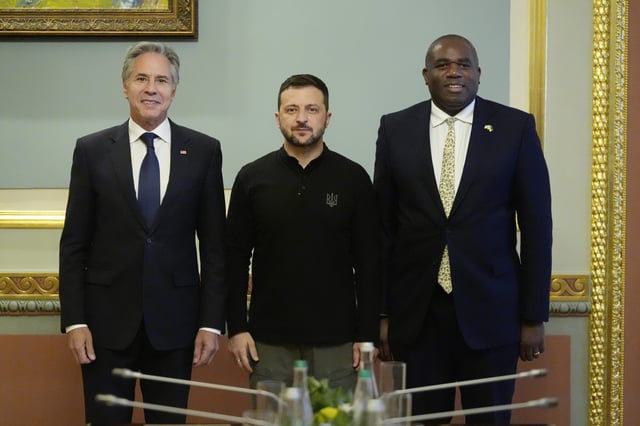 U.S. Secretary of State Antony Blinken and Britain's Foreign Secretary David Lammy meet with Ukraine's President Volodymyr Zelenskyy at the Mariinsky Palace in Kyiv, Ukraine, Wednesday, Sept. 11, 2024. (AP Photo/Mark Schiefelbein, Pool)