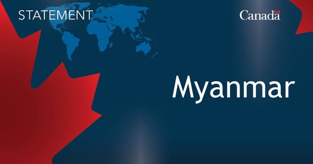 Image of the map of the world, with half of the maple leaf, and the Canada logo, with the following text overlayed: Myanmar 
