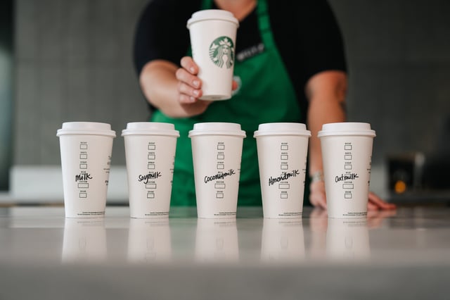Starbucks is ending the surcharge for non-dairy milk substitutes including almond milk, coconut milk, oat milk and soy milk.