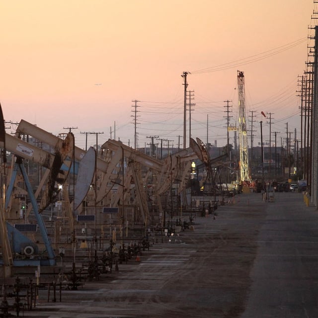 FILE PHOTO: Oil rig pumpjacks, also known as thirsty birds, extract crude from the Wilmington Field oil deposits area near Long Beach, California July 30, 2013.  REUTERS/David McNew/File Photo/File Photo