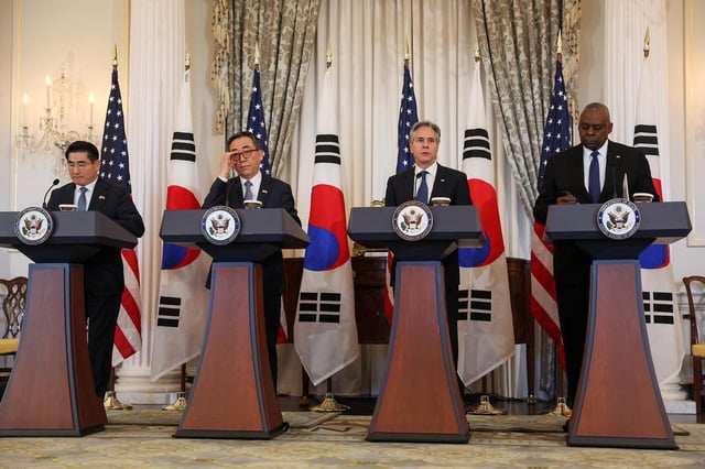 Secretary of State Antony Blinken and Defense Secretary Lloyd Austin hold a joint press conference with South Korean Foreign Minister Cho Tae-yul and Defense Minister Kim Yong-hyun during a 2+2 meeting, at the State Department in Washington, DC, on October 31.