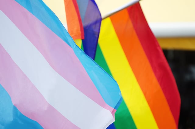 Rainbow and transgender flags waving in a close-up abstract view during a Pride parade.
