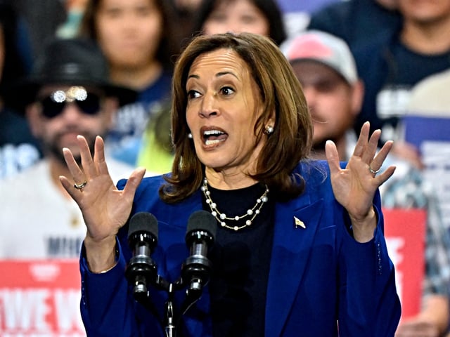 US Vice President and Democratic presidential candidate Kamala Harris speaks during a campaign rally at the Craig Ranch Amphitheater in Las Vegas, Nevada, on October 31, 2024. (Photo by David Becker / AFP)