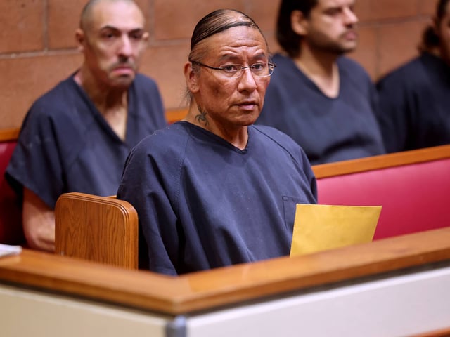 Alleged cult leader Nathan Chasing Horse waits to appear in North Las Vegas Justice Court on Oct. 9, 2024.  (K.M. Cannon/Las Vegas Review-Journal)