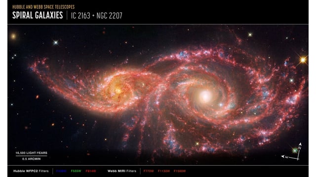 Hubble and Webb image galaxies IC 2163 and NGC 2207 in visible colors