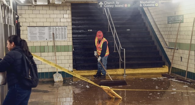 MTA crews responding to flooding from Tropical Storm Ophelia at the Fourth Avenue-9th Street station in Brooklyn.