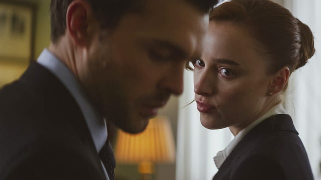 This image released by Netflix shows Alden Ehrenreich, left, and Phoebe Dynevor in a scene from "Fair Play." (Netflix via AP)