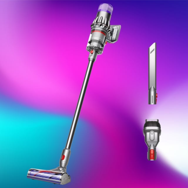 Dyson Digital Slim Cordless Vacuum on a blue to purple water color background