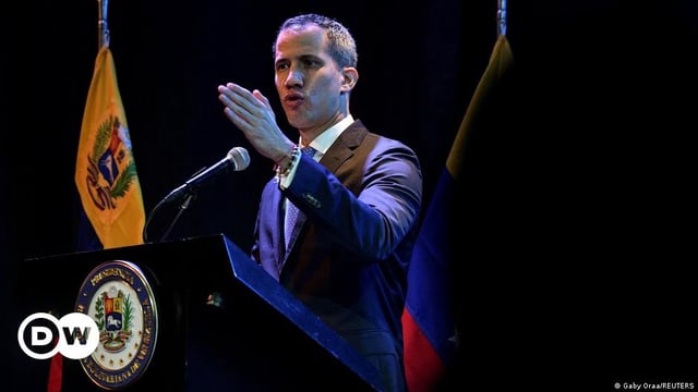 Venezuelan opposition leader Juan Guaido delivers his accountability speech at a theater in Caracas.