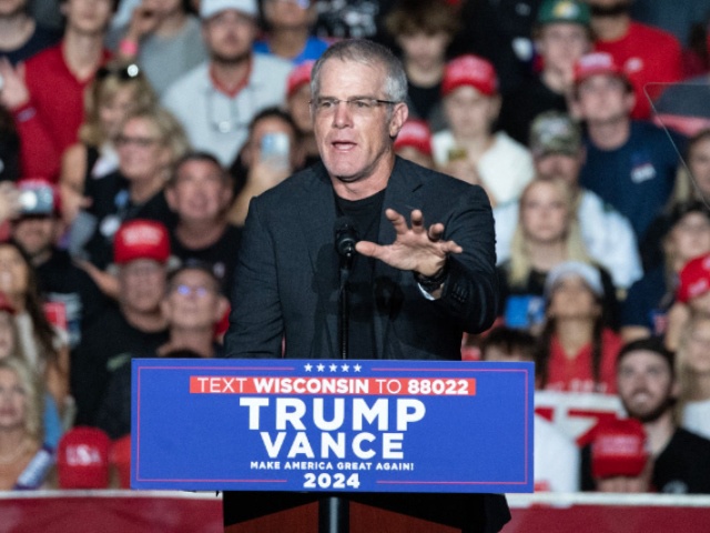 Former american football quarterback Brett Favre speaks during a campaign rally of former US president and Republican presidential nominee Donald Trump at Resch Center in Green Bay, Wisconsin, on October 30, 2024. (Photo by Alex Wroblewski / AFP)