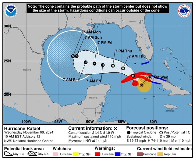 Hurricane Rafael's path as of 10 a.m. Wednesday.