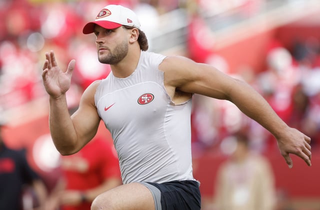 Nick Bosa of the San Francisco 49ers warms up prior to a game against the Dallas Cowboys at Levi’s Stadium on Oct. 27, 2024, in Santa Clara, Calif.