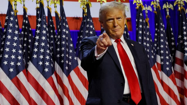 Republican presidential nominee and former U.S. President Donald Trump takes the stage to address supporters at his rally, at the Palm Beach County Convention Center in West Palm Beach, Florida, U.S., November 6, 2024. REUTERS/Brian Snyder/File Photo