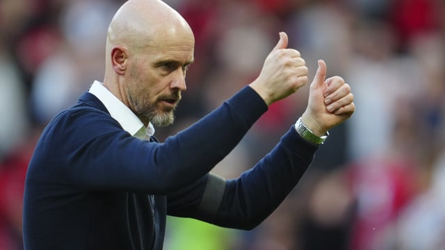 Manchester United's head coach Erik ten Hag reacts after the English Premier League soccer match between Manchester United and Brentford at the Old Trafford stadium in Manchester, England, Saturday, Oct. 7, 2023.(AP Photo/Jon Super)