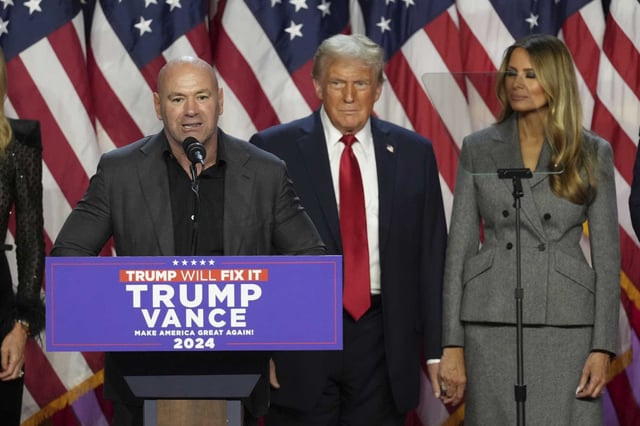 CEO of UFC Dana White speaks as Republican Presidential nominee former President Donald Trump and former first lady Melania Trump watch at the Palm Beach County Convention Center during an election night watch party, Wednesday, Nov. 6, 2024, in West Palm Beach, Fla. 