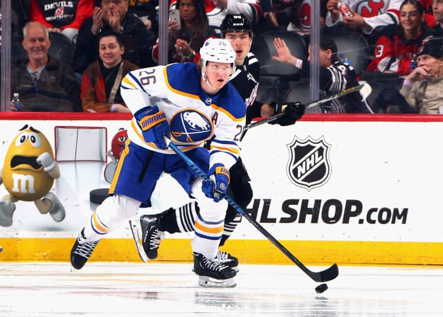 NEWARK, NEW JERSEY - APRIL 11: Rasmus Dahlin #26 of the Buffalo Sabres against the New Jersey Devils at the Prudential Center on April 11, 2023 in Newark, New Jersey. (Photo by Bruce Bennett/Getty Images)