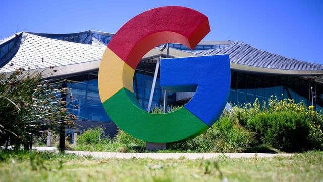 A large Google logo is seen at Google's Bay View campus in Mountain View, California, on August 13, 2024