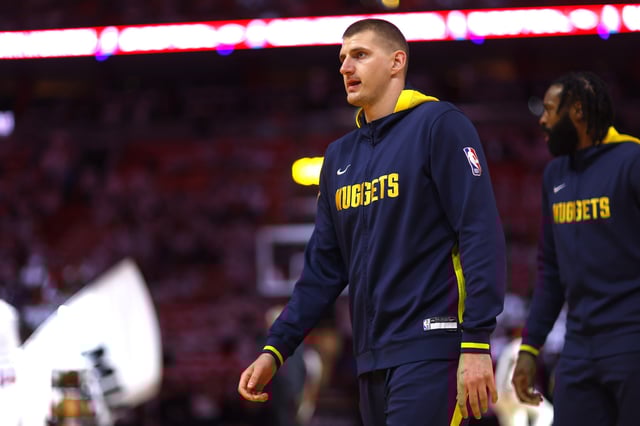 Nikola Jokic #15 of the Denver Nuggets warms up prior to Game Four of the 2023 NBA Finals against the Miami Heat at Kaseya Center on June 09, 2023 in Miami, Florida.