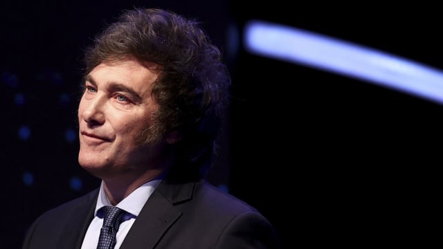Presidential candidate of the Liberty Advances coalition Javier Milei attends a presidential candidate debate ahead of the October general election in Santiago del Estero, Argentina, Sunday, Oct. 1, 2023. (AP Photo/Tomas F. Cuesta, Pool via AP)