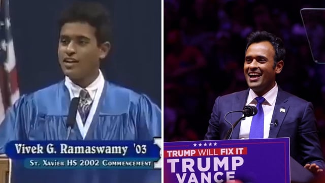 18-year-old Vivek Ramaswamy giving a speech at his high school’s graduation ceremony. 