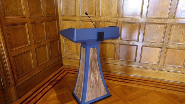 FILE - The $19,029.25 lectern purchased by the Gov. Sarah Huckabee Sanders administration in June 2023 sits in a corner in the Governor's Conference Room at the state Capitol, Sept. 26, 2023, in Little Rock, Ark. After Arkansas Republicans reimbursed the state in September for a $19,000 lectern bought for Sanders, the words “to be reimbursed” were added to the original invoice for the June purchase, records released Monday, Oct. 9, show. (Thomas Metthe/Arkansas Democrat-Gazette via AP, File)