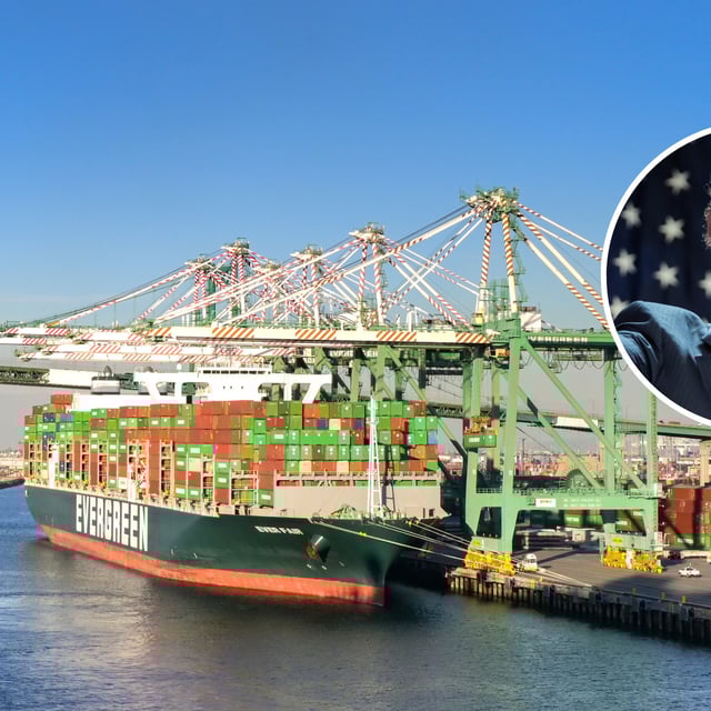 Stock photo of container ship Ever Fair, which is operated by the Evergeen Group being unloaded in the port of Los Angeles with inset of U.S. President-elect Donald Trump speaking at a House Republicans Conference meeting at the Hyatt Regency on Capitol Hill on November 13, 2024 in Washington, DC.