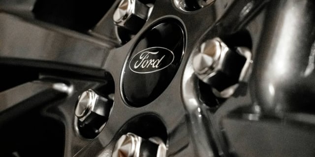 The Ford label on a vehicle