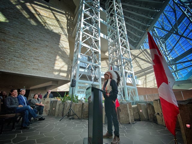 Chief Nelson Genaille of Sapotaweyak Cree Nation speaks at a press conference about rural internet connectivity Friday, Nov. 15, 2024.