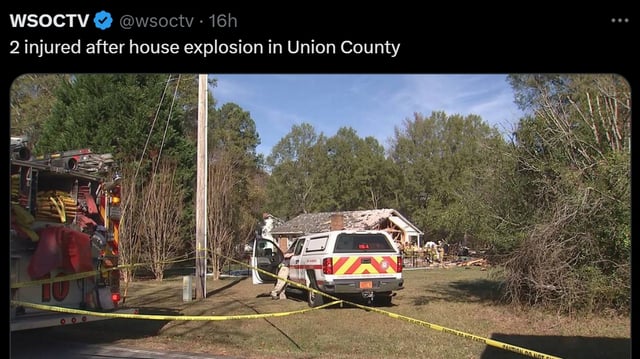 A Weddington couple remains hospitalized after their house exploded for reasons that remain a mystery, according to investigators.