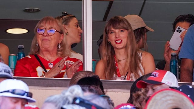 Singer Taylor Swift, right, sits with Donna Kelce watching the Kansas City Chiefs vs Chicago Bears game in Kansas City, Missouri, on Sept. 24.