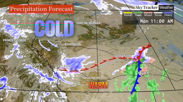The city of Calgary could get up to 15 cm of snow before it tapers off late Monday (Nov. 18, 2024) while some areas to the west of Calgary could get 15 cm.