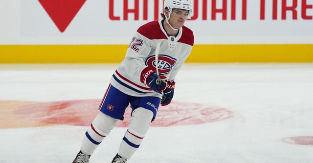 Oct 11, 2023; Toronto, Ontario, CAN; Montreal Canadiens right wing Cole Caufield (22) skates during the warm up before game against the Toronto Maple Leafs at Scotiabank Arena. Mandatory Credit: Nick Turchiaro-USA TODAY Sports