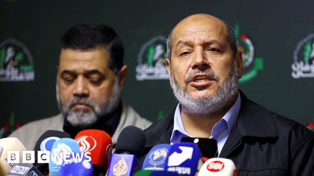 File photo showing senior Hamas political official Khalil al-Hayya speaking at a news conference in Beirut, Lebanon (21 November 2023)