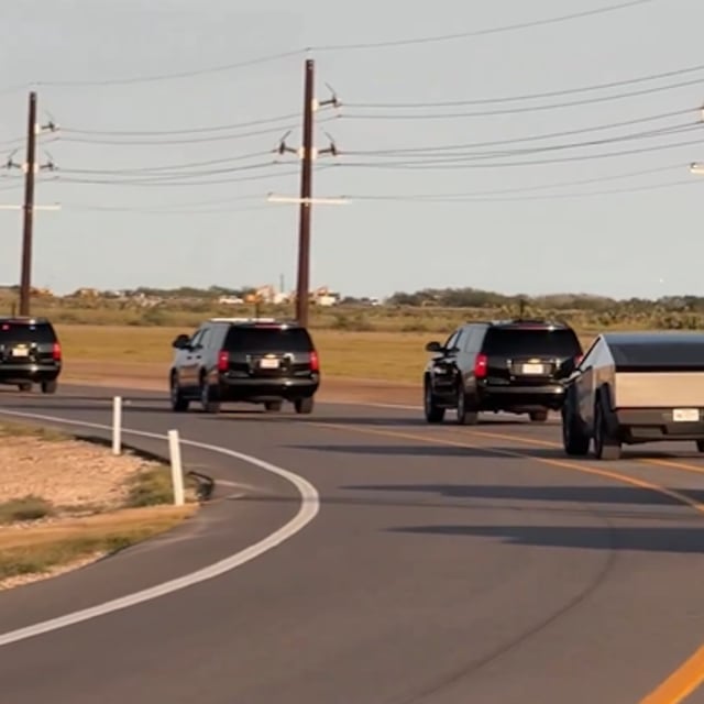 A Tesla Cybertruck joins President-elect Donald Trump's motorcade in Texas on November 19. It is unclear if Trump or Tesla CEO Elon Musk was in the car.
